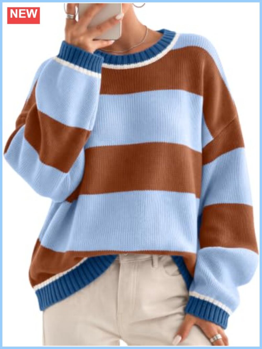 Oversized Striped Crewneck Pullover Sweater Cotton Acrylic Knit